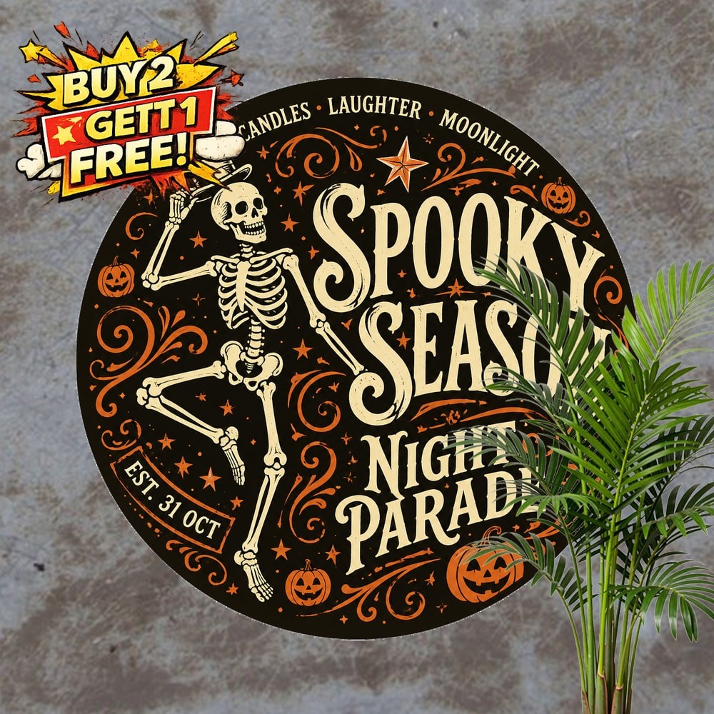 Glamorous Skeletons Pumpkins Round Metal Sign Halloween Wall Decor 8x8