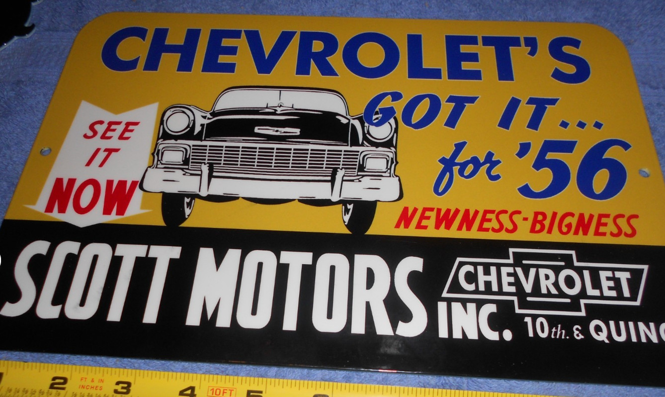 VINTAGE 1956 CHEVROLET "SEE THE NEW CAR 12" DEALER ADVERTISING SIGN METAL CHEVY VINTAGE 1956 CHEVROLET "SEE THE NEW CAR 12" DEALER ADVERTISING SIGN METAL CHEVY