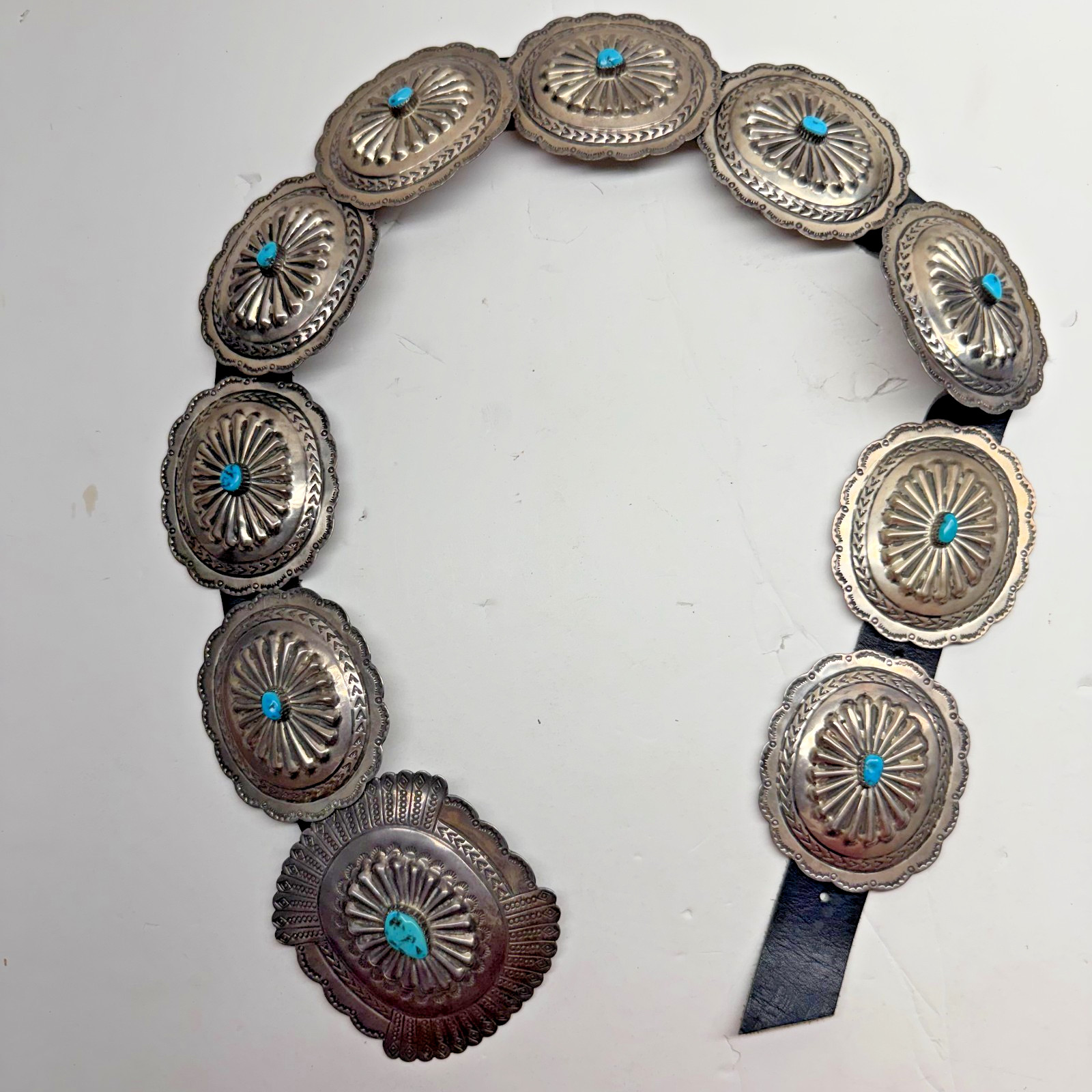 Vintage Navajo Concho Belt STERLING SILVER Natural Turquoise 10 Pieces 325 gram