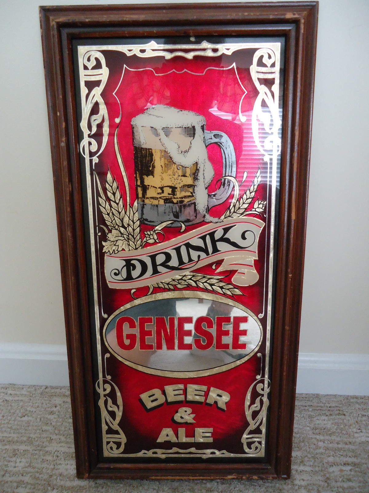 Vintage Genesee Beer Framed Mirror Sign 22” X 11” The back side is interesting