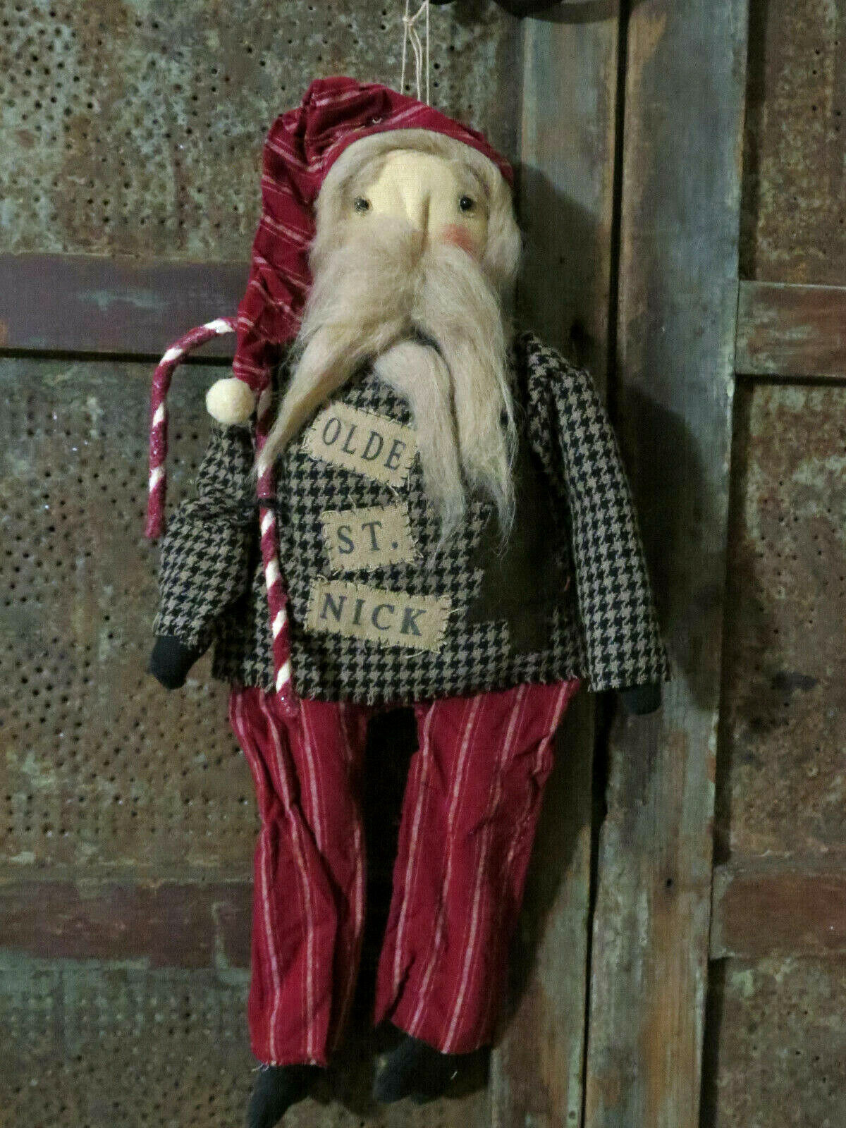 Grubby Primitive Old World Santa Claus Doll Tea Stained St Nick w Candy Cane