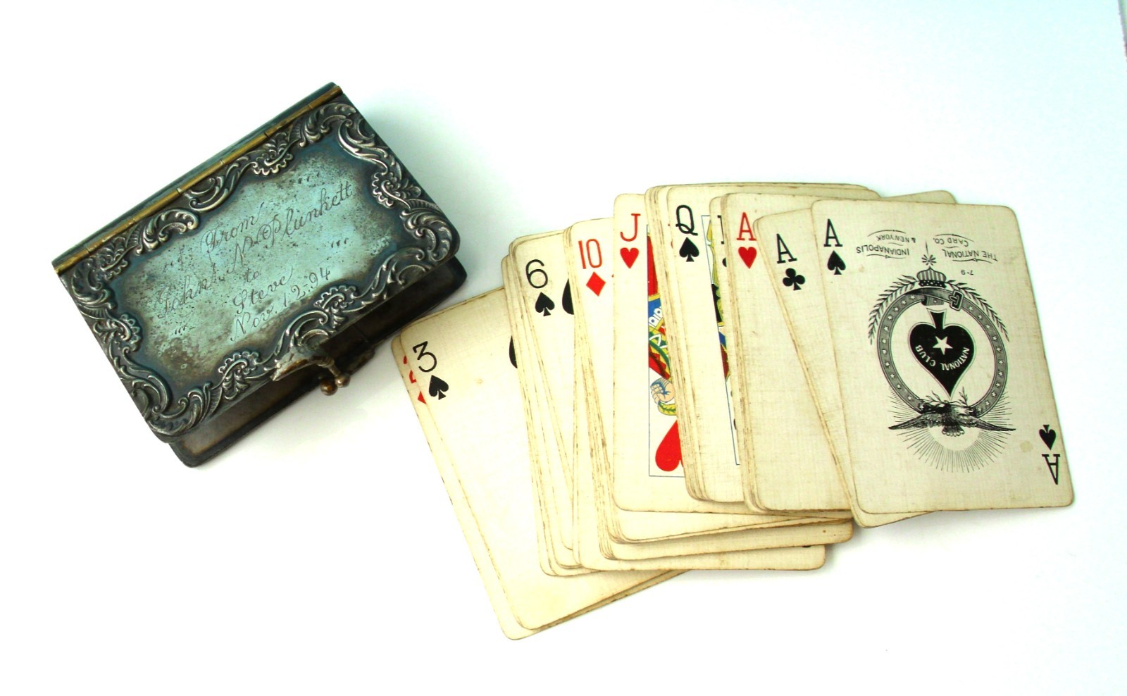Antique 1800s Silver Metal BOOK SHAPED Playing CARDS Case NATIONAL Club ENGRAVED Antique 1800s Silver Metal BOOK SHAPED Playing CARDS Case NATIONAL Club ENGRAVED