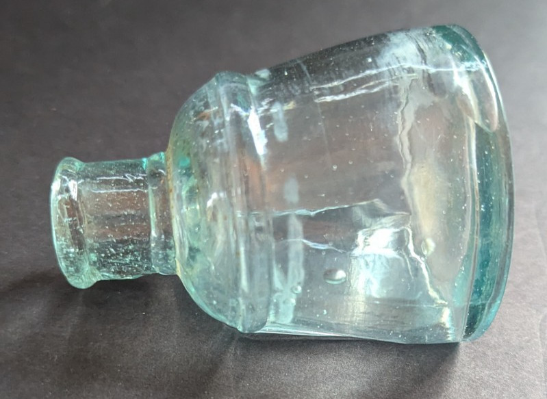 Unusual Antique 1880's-1900's Aqua Glass Ink Well with Flat Back