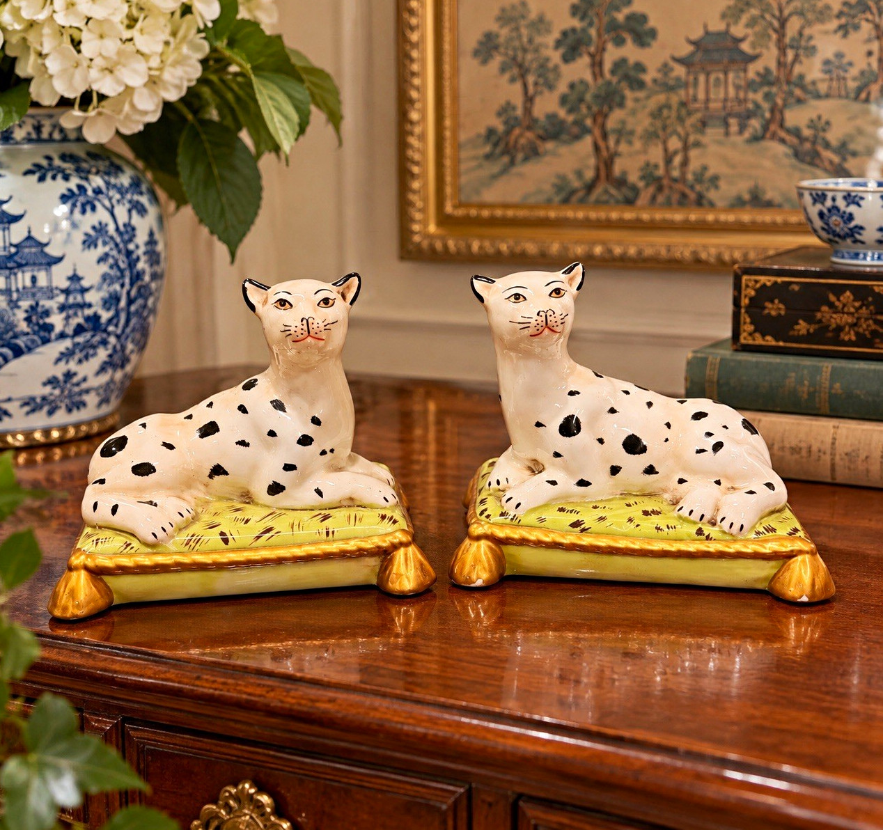 Pair Chinoiserie Spotted Leopard Cat Figurines Porcelain Tassel Cushions China Pair Chinoiserie Spotted Leopard Cat Figurines Porcelain Tassel Cushions China