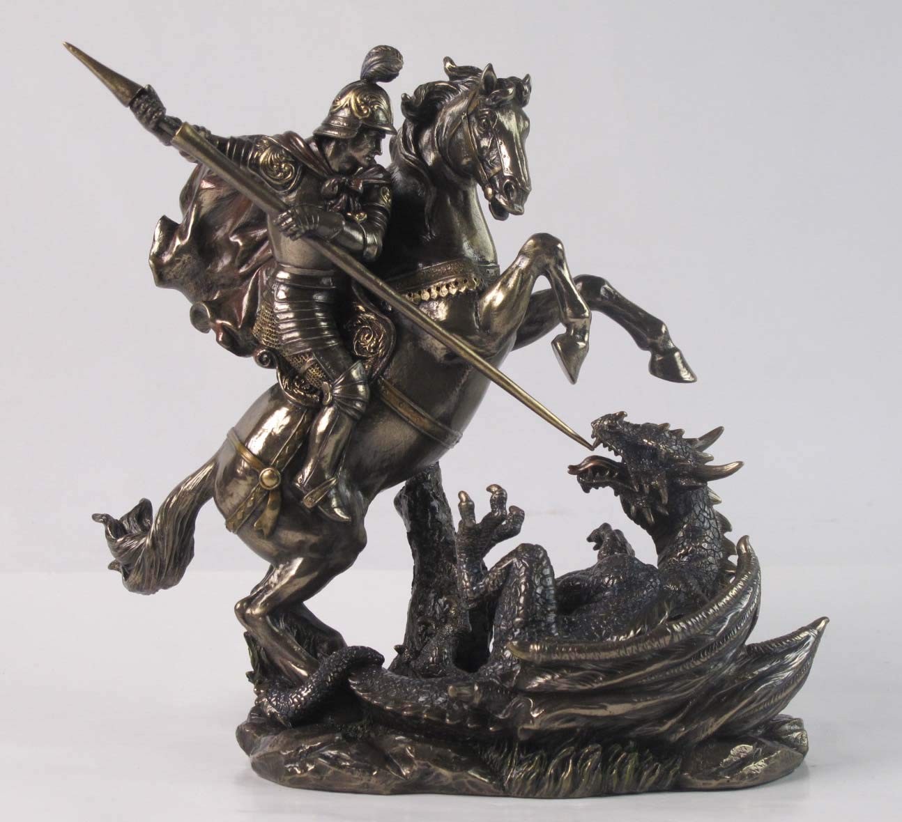 Saint St George on Horse Slaying Dragon 9 1/8" Colored Bronze Resin Statue Saint St George on Horse Slaying Dragon 9 1/8" Colored Bronze Resin Statue