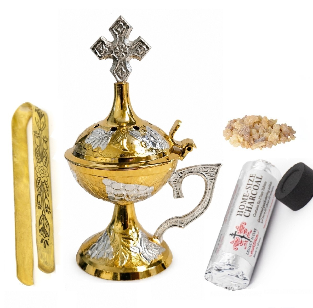 Incense Burner 4pc Set (#5): 5" Brass Censer, Tongs, Charcoal, Frankincense -NEW Incense Burner 4pc Set (#5): 5" Brass Censer, Tongs, Charcoal, Frankincense -NEW