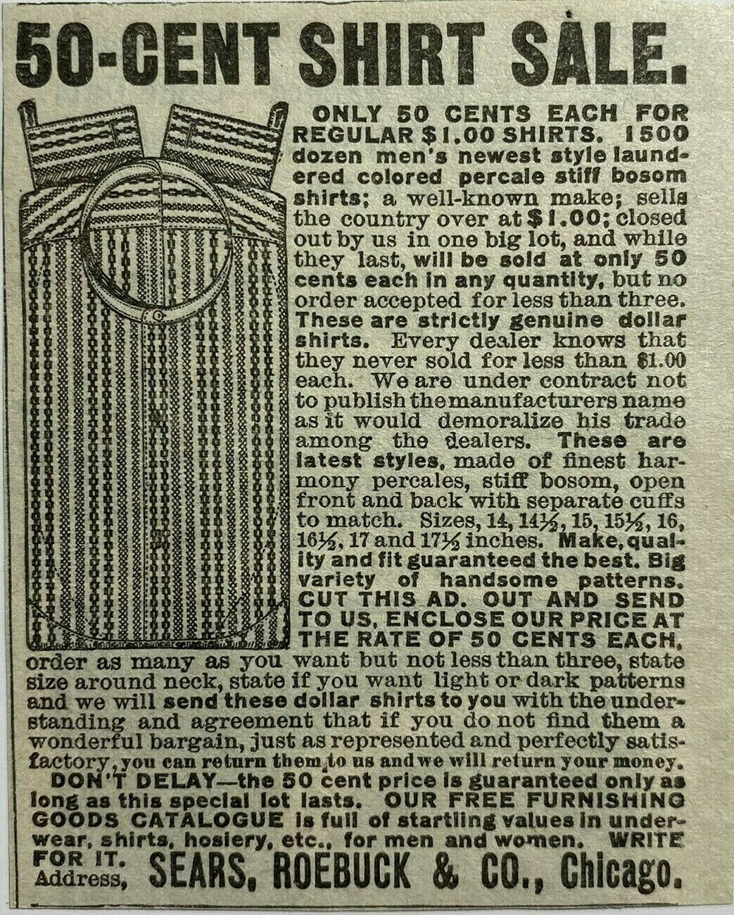 1900s 1903 Ad Sear Roebuck Co Chicago IL 50 Cent Mens Shirt Sale Colored Percale