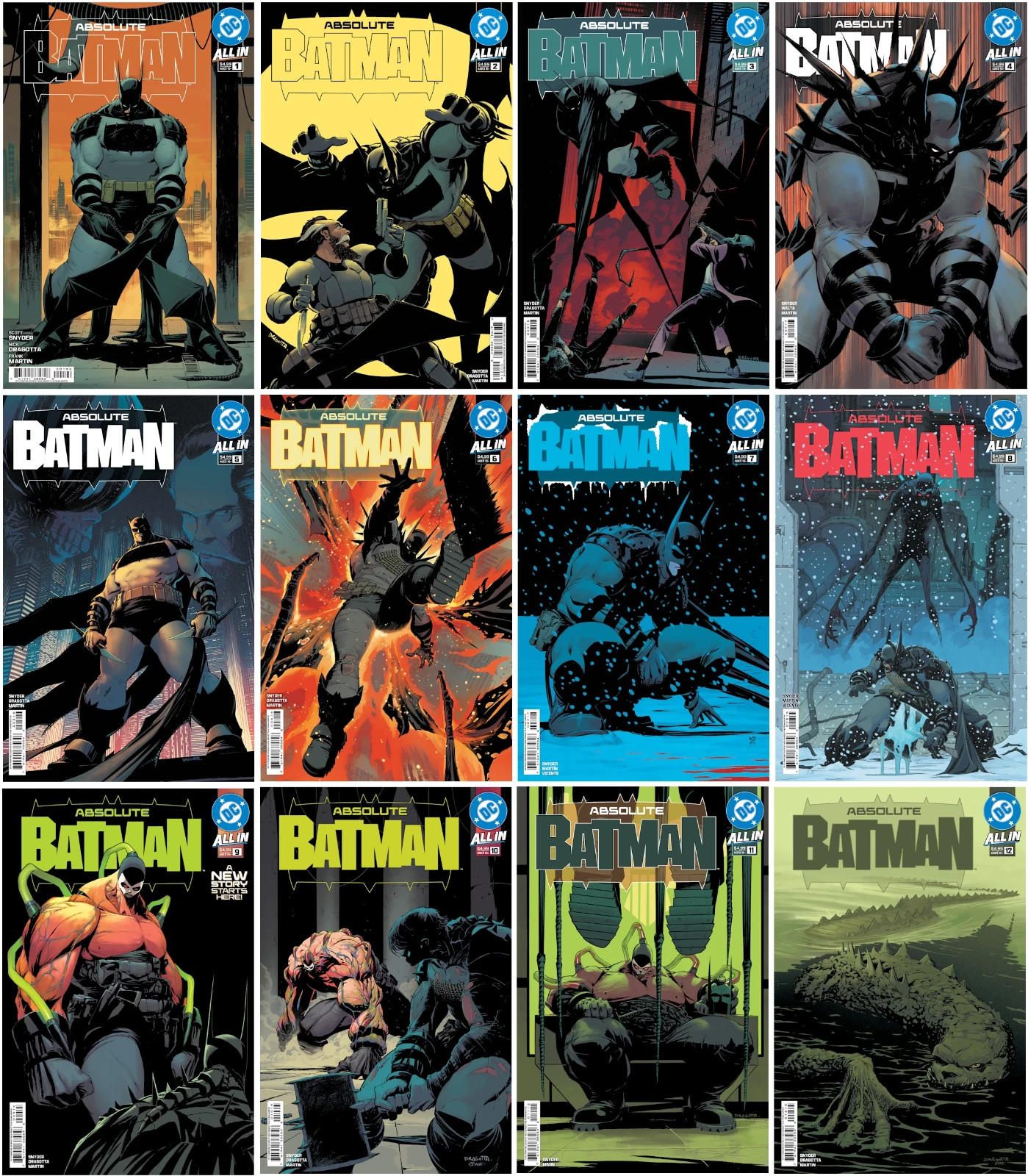 ABSOLUTE BATMAN #1,2,3,4,5,6,7,8,9,10,11,12 COMIC BOOK SET ~ NEW PRINTINGS DC