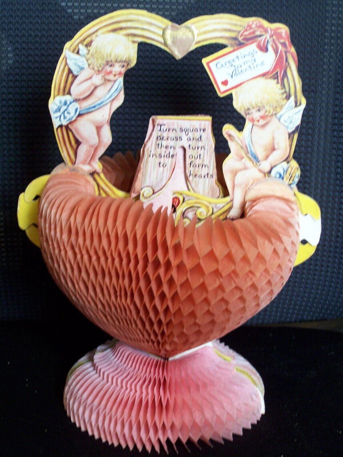 Vintage Lg Valentine Basket w Cupids Beistle  Diecut Foldout Honeycomb [v5]