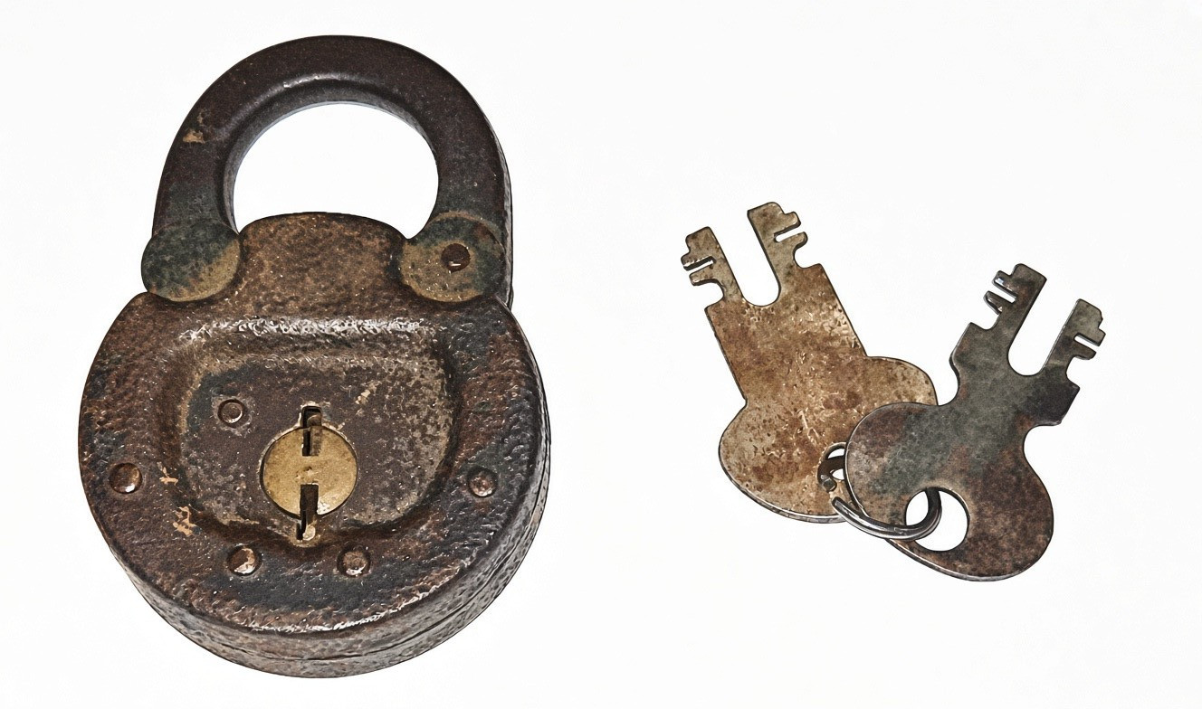 Antique Vintage Riveted Iron Round Padlock w/ 2 Original Keys – Heavy Patina Antique Vintage Riveted Iron Round Padlock w/ 2 Original Keys – Heavy Patina