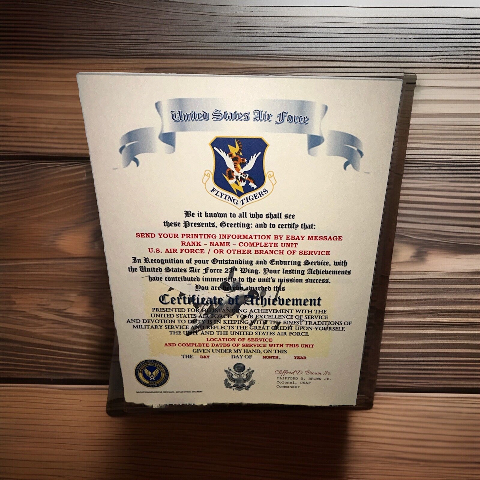 U.S.A.F. / AIR FORCE 23RD WING ‘FLYING TIGERS’ - CERTIFICATE OF ACHIEVEMENT U.S.A.F. / AIR FORCE 23RD WING ‘FLYING TIGERS’ - CERTIFICATE OF ACHIEVEMENT