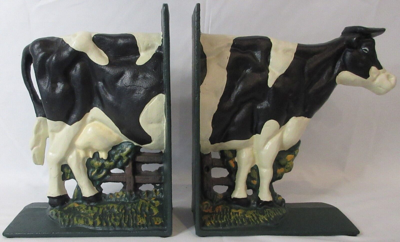 Set of 2 Cow Bookends Cast Iron Black & White Hand Painted VTG RARE VERY NICE