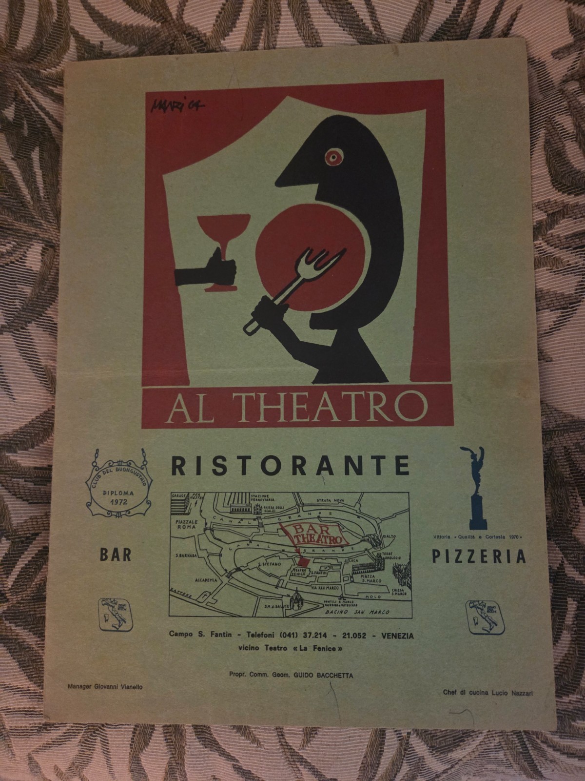 Vintage 1980 Menu from Al Theatro in Venice, Italy Striking Artwork + Daily Menu Vintage 1980 Menu from Al Theatro in Venice, Italy Striking Artwork + Daily Menu