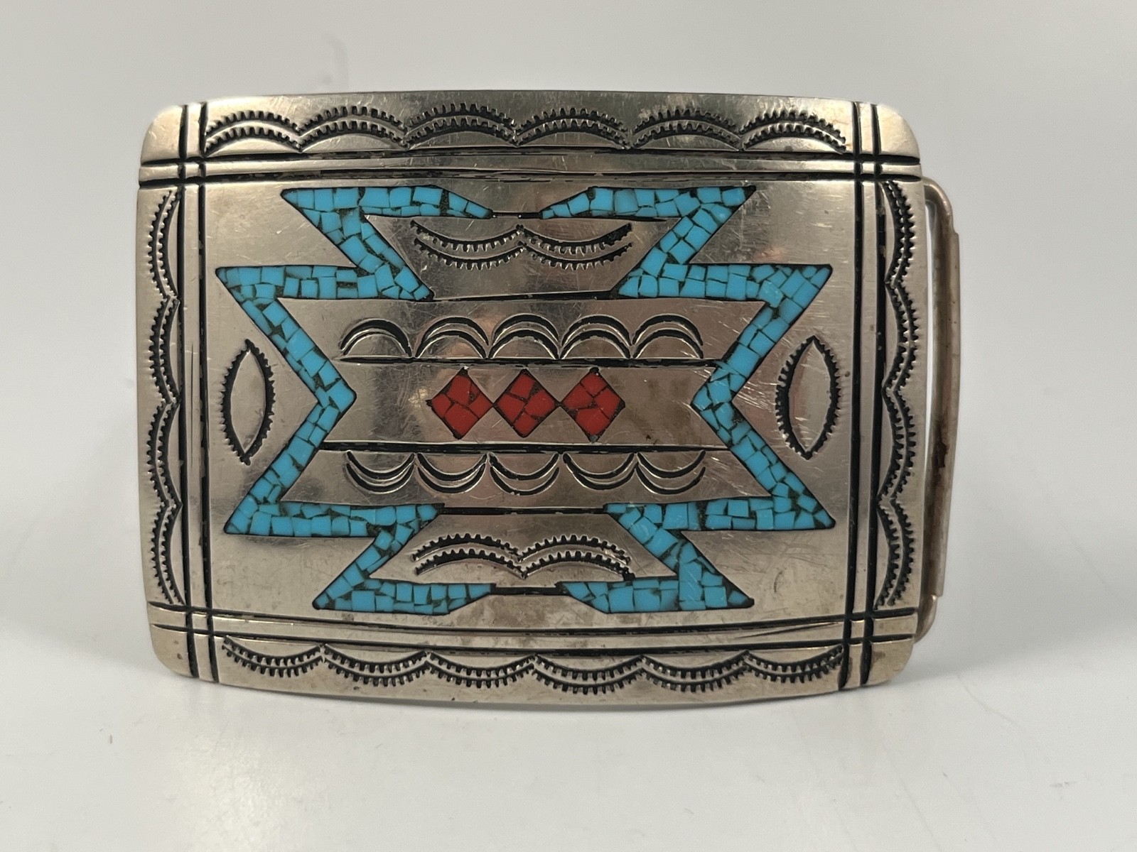 SILVER TONE INLAID TURQUOISE CORAL SOUTHWESTERN SIGNED "N" VINTAGE BELT BUCKLE SILVER TONE INLAID TURQUOISE CORAL SOUTHWESTERN SIGNED "N" VINTAGE BELT BUCKLE