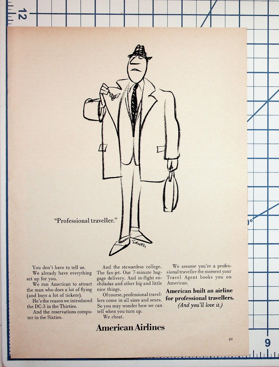 American Airlines "Professional Traveller" Ad Charles Saxon Vintage 1960s Print American Airlines "Professional Traveller" Ad Charles Saxon Vintage 1960s Print