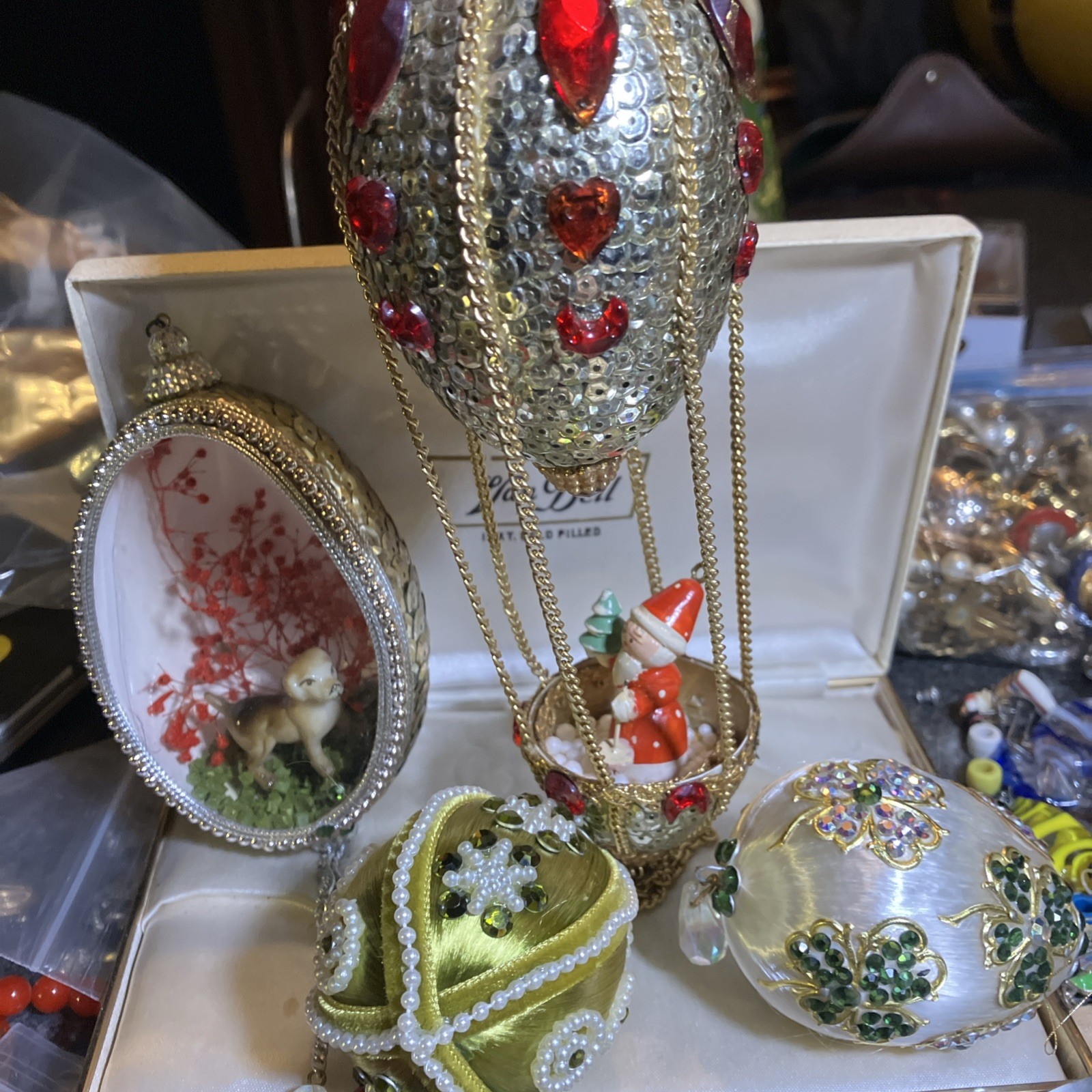 4 Vintage Handmade Eggshell Diorama & Beaded Sequined Ornaments 4 Vintage Handmade Eggshell Diorama & Beaded Sequined Ornaments