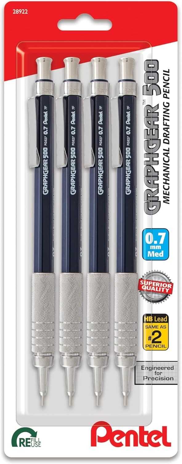 Pentel GraphGear 500 Mechanical Drafting Pencil, 0.7mm, Blue Barrel, Pack of 4