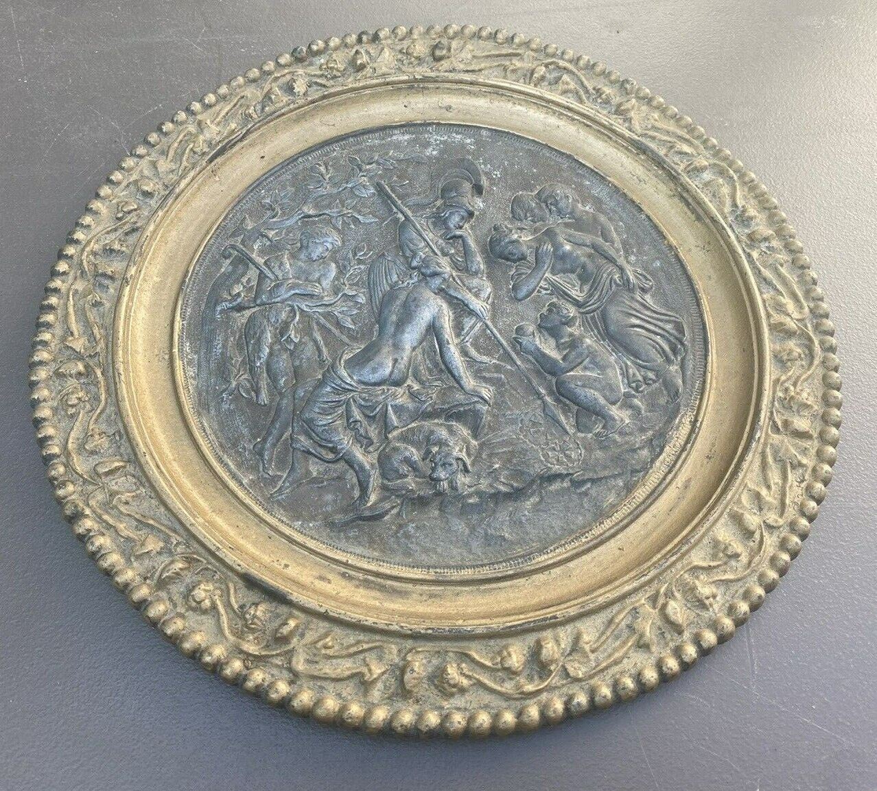 ANTIQUE VICTORIAN EMBOSSED FIGURAL CAST METAL 11.25" PLAQUE ANTIQUE VICTORIAN EMBOSSED FIGURAL CAST METAL 11.25" PLAQUE