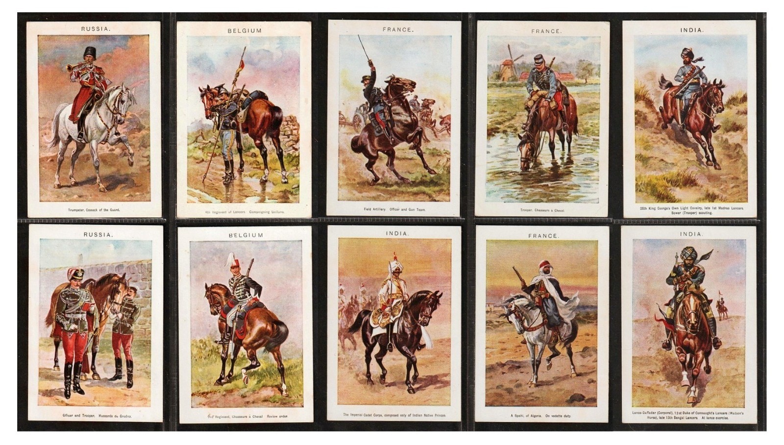 SET 10 JOHN PLAYER & SONS 1914 "ALLIED CAVALRY" FULL CIGARETTE CARD SERIES (EX) SET 10 JOHN PLAYER & SONS 1914 "ALLIED CAVALRY" FULL CIGARETTE CARD SERIES (EX)