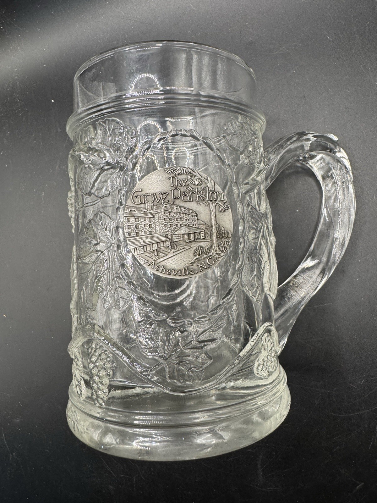 Vintage The Grove Park Inn Asheville NC Clear Glass Beer Mug Pewter Emblem Vintage The Grove Park Inn Asheville NC Clear Glass Beer Mug Pewter Emblem
