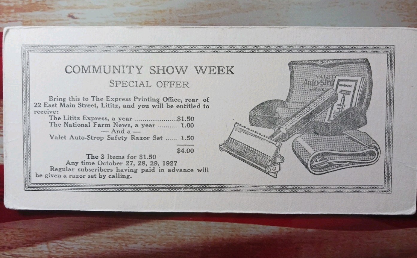 VINTAGE large Ink Blotter 1927 Express Printing Office Lititz PA Valet Razor Pic VINTAGE large Ink Blotter 1927 Express Printing Office Lititz PA Valet Razor Pic