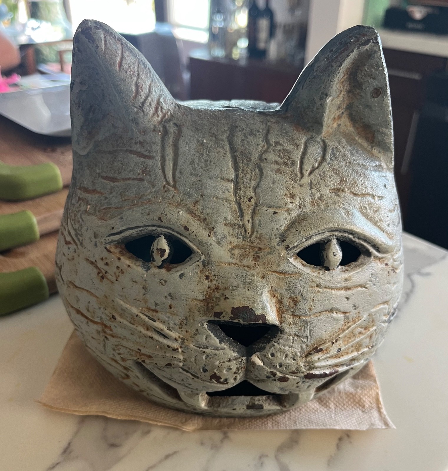 Antique Vintage Japanese Cast Iron Cat head Candle Holder RARE Halloween Antique Vintage Japanese Cast Iron Cat head Candle Holder RARE Halloween
