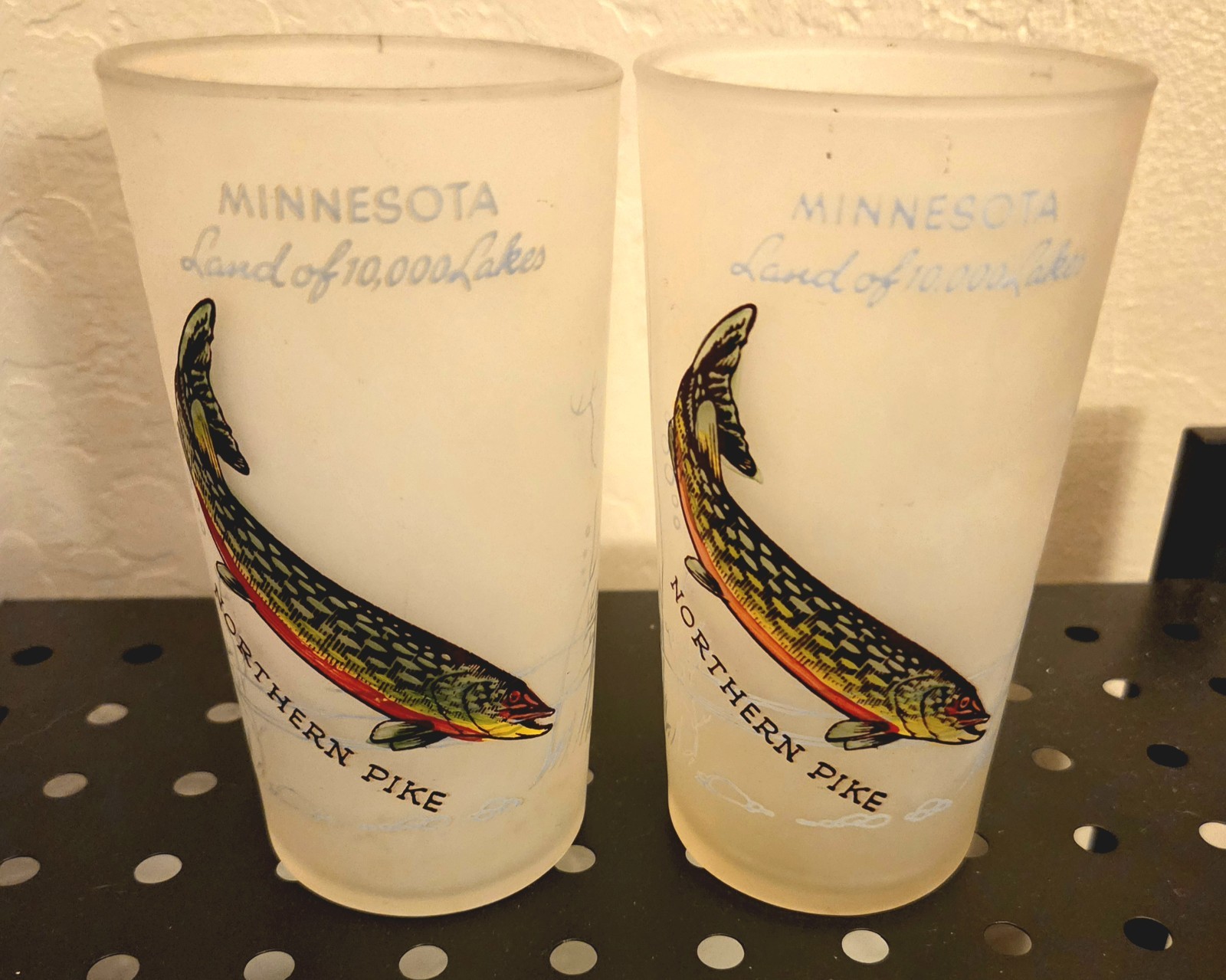 Vtg 1950s Minnesota Souvenir Frosted Glasses Pair Northern Pike Fish Tumbler Vtg 1950s Minnesota Souvenir Frosted Glasses Pair Northern Pike Fish Tumbler