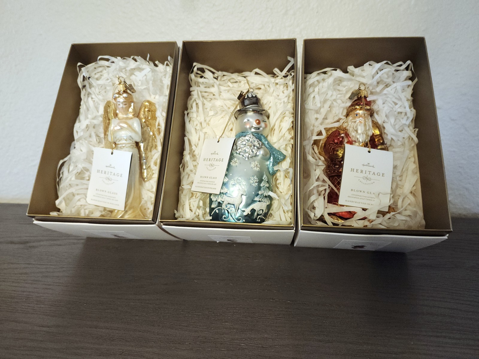 Hallmark Heritage Collection 2016 Blown Glass Snowman Angel Santa Ornament Set Hallmark Heritage Collection 2016 Blown Glass Snowman Angel Santa Ornament Set