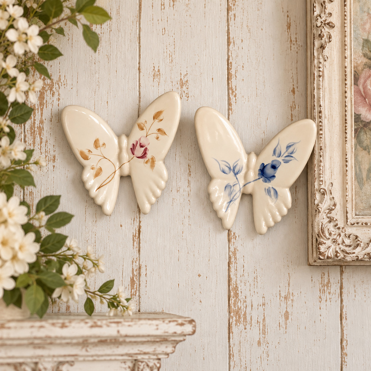 Vintage Homco Porcelain Butterflies Blue & Pink Rose 2Pc. Set Wall Decor Shabby