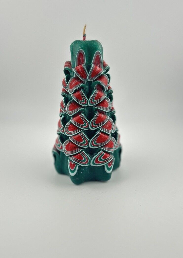 Vintage 1980s Jasco Christmas Tree Carved  Ribbon Style Candle 5” Green Red