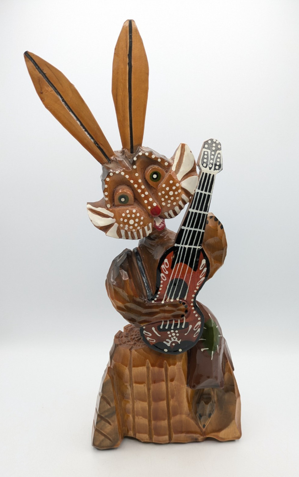 Vtg Ukrainian Wood Carved Rabbit Hare Statue Guitar Folk Art 15" USSR Pink Label