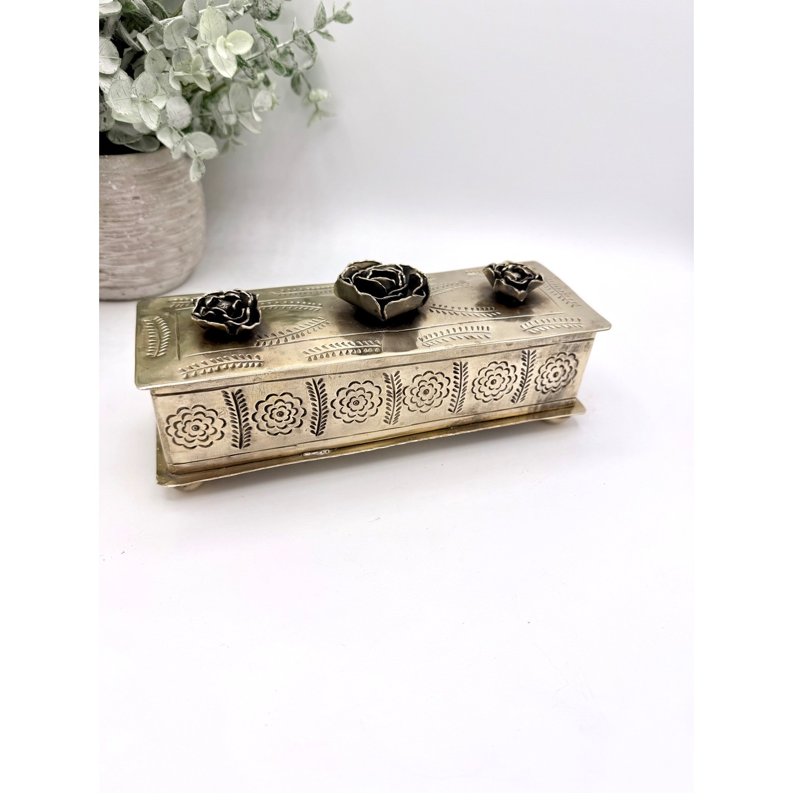 J. Alexander Rustic German Silver Hand Stamped Floral Rose Jewelry Box Velvet J. Alexander Rustic German Silver Hand Stamped Floral Rose Jewelry Box Velvet