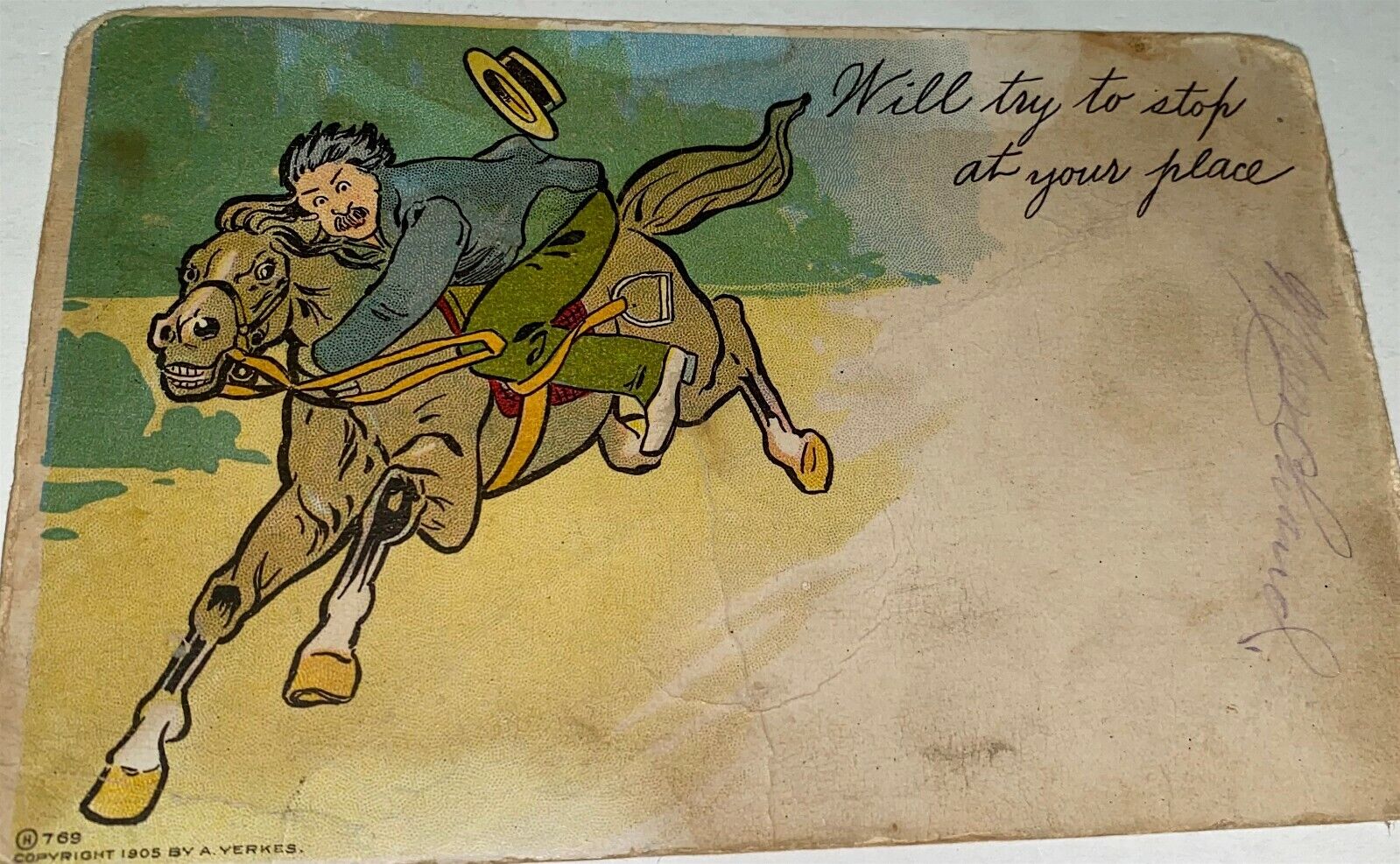 Antique American Run Away Horse Rider Cartoon Postcard By A. Yerkes C.1907 US