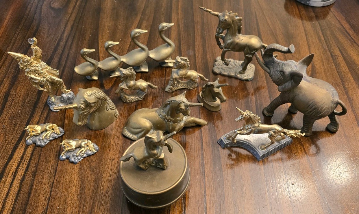 Lot of 13 Vintage Brass Pewter Animal Figures Unicorn Ducks Elephant Wizard