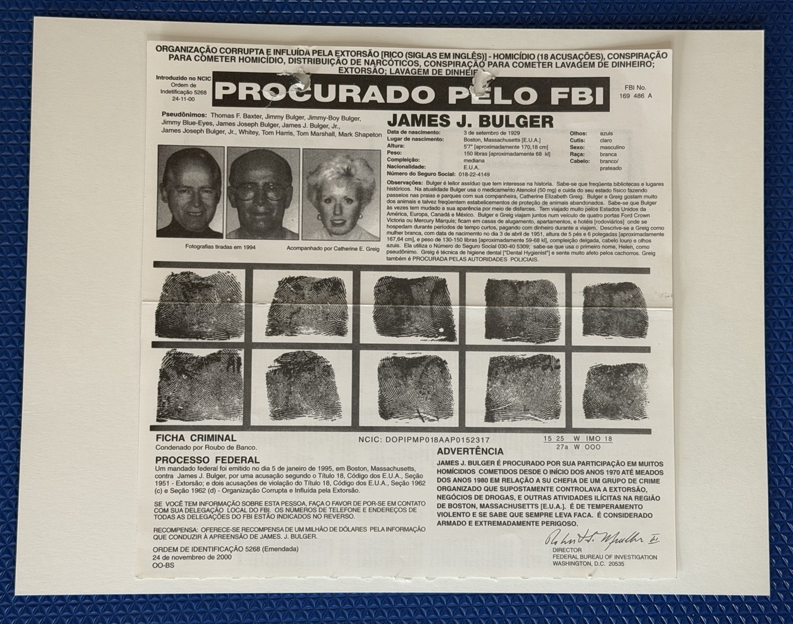 Original FBI Wanted Poster James Whitey Bulger Boston Mob Boss RARE Portuguese Original FBI Wanted Poster James Whitey Bulger Boston Mob Boss RARE Portuguese
