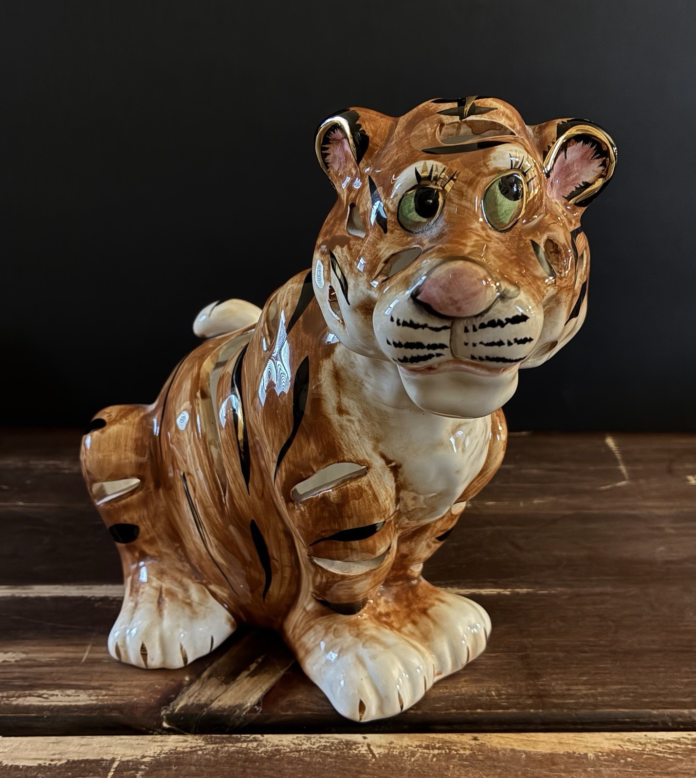 Vtg Hollywood Regency Ceramic Tiger Lamp Cub Luminary Cutout Statue 22k Gold 9” Vtg Hollywood Regency Ceramic Tiger Lamp Cub Luminary Cutout Statue 22k Gold 9”