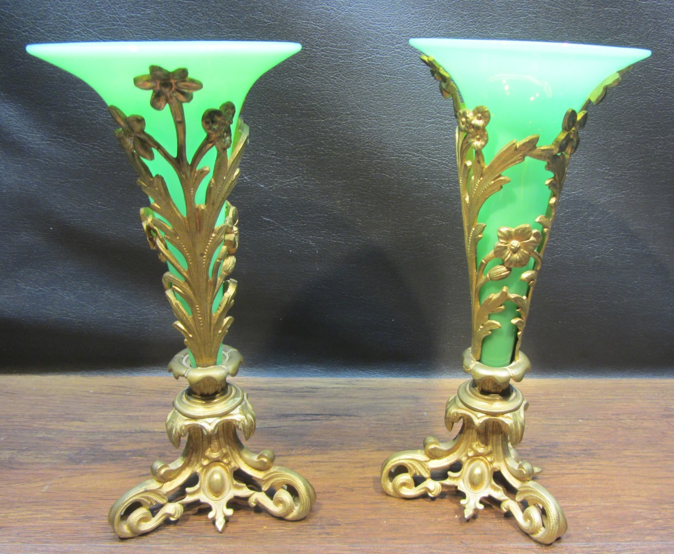 Antique French Style Bronze Glass Trumpet Vases Epergne Jadeite c1900 Antique French Style Bronze Glass Trumpet Vases Epergne Jadeite c1900