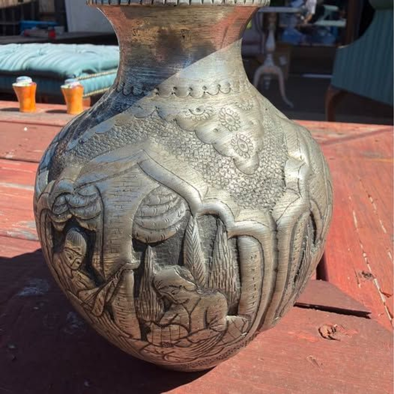 Vintage hand and bossed Persian silver plated copper vase Vintage hand and bossed Persian silver plated copper vase