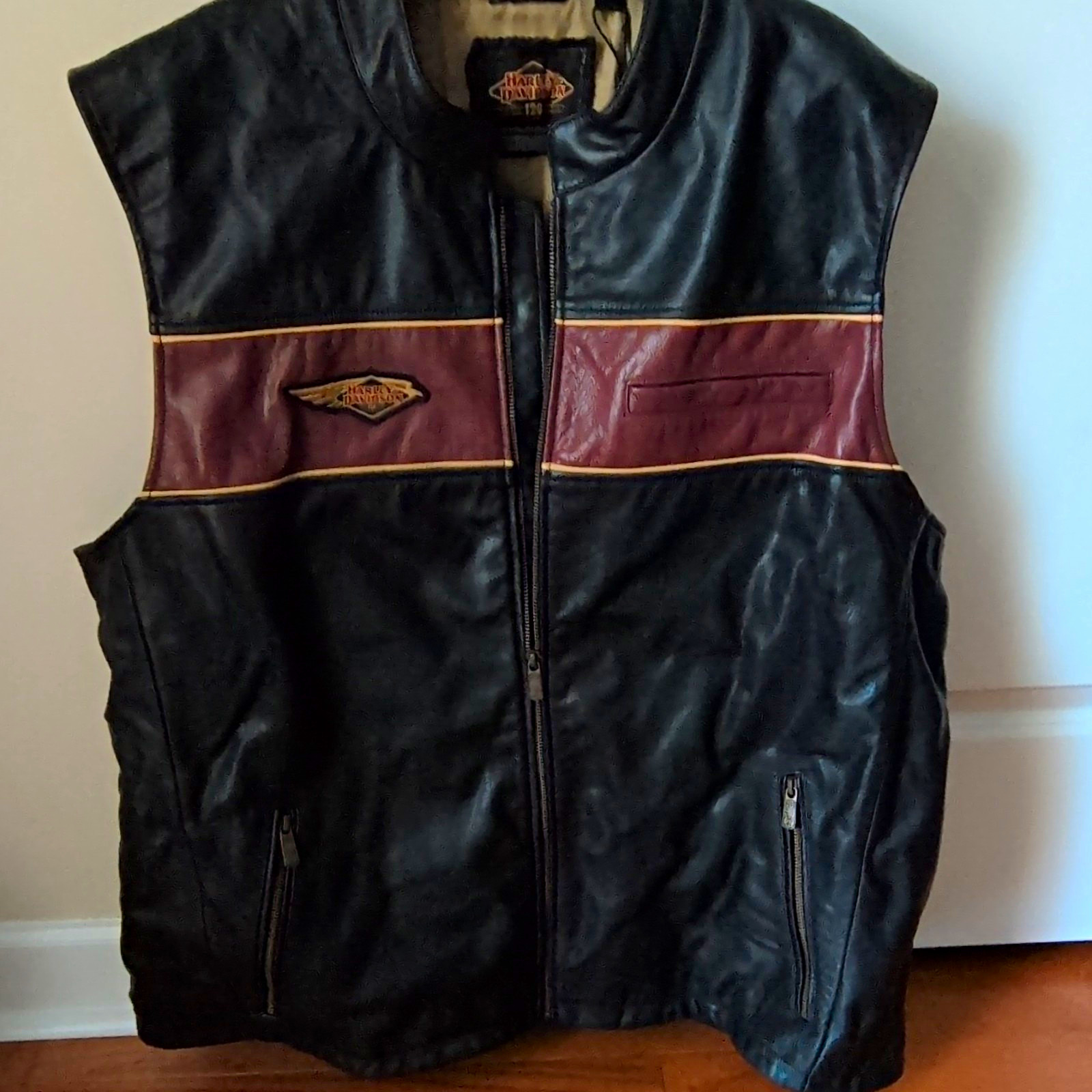 Harley-Davidson 120th Anniversary Leather Vest Black & Burgundy Zip Front Harley-Davidson 120th Anniversary Leather Vest Black & Burgundy Zip Front