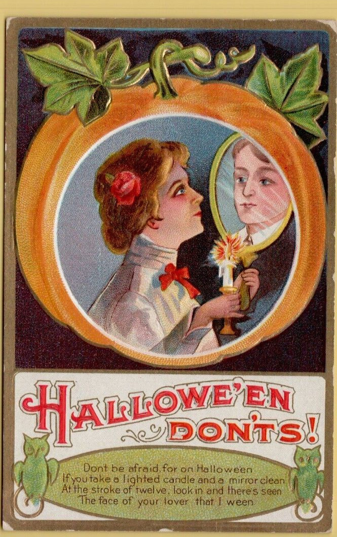Postcard Halloween Dont's Woman Looks in a Mirror Seeing Her Lover with Poem Postcard Halloween Dont's Woman Looks in a Mirror Seeing Her Lover with Poem