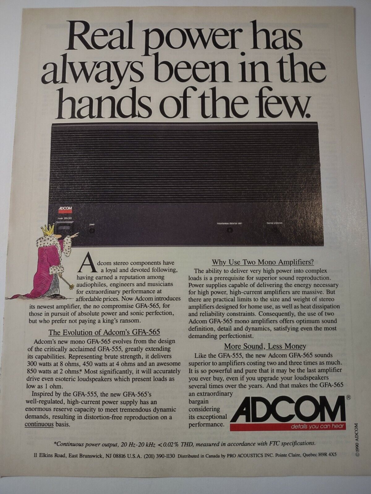 Adcom GFA 565 Mono Amplifier Real Power Hands of the Few Vintage Print Ad