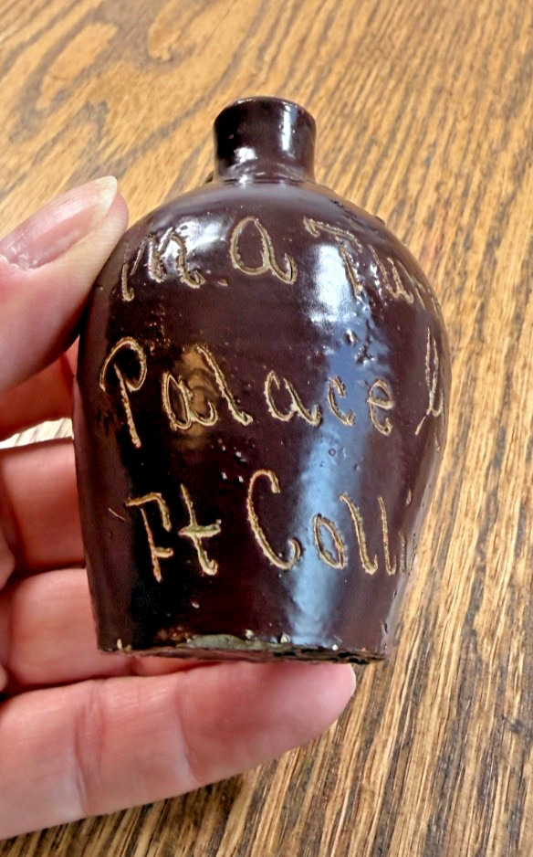 RARE 3" tall Hand Engraved Fort Collins Grocery Advertising Crock Jug RARE 3" tall Hand Engraved Fort Collins Grocery Advertising Crock Jug