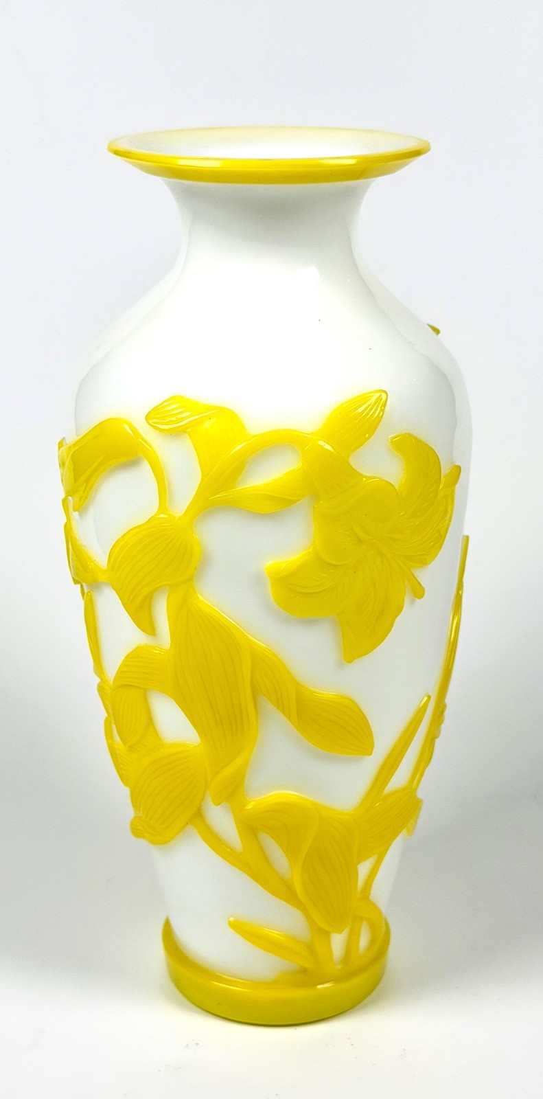 Pristine Vintage Chinese Peking Glass Vase Yellow Over White Carved surface Pristine Vintage Chinese Peking Glass Vase Yellow Over White Carved surface