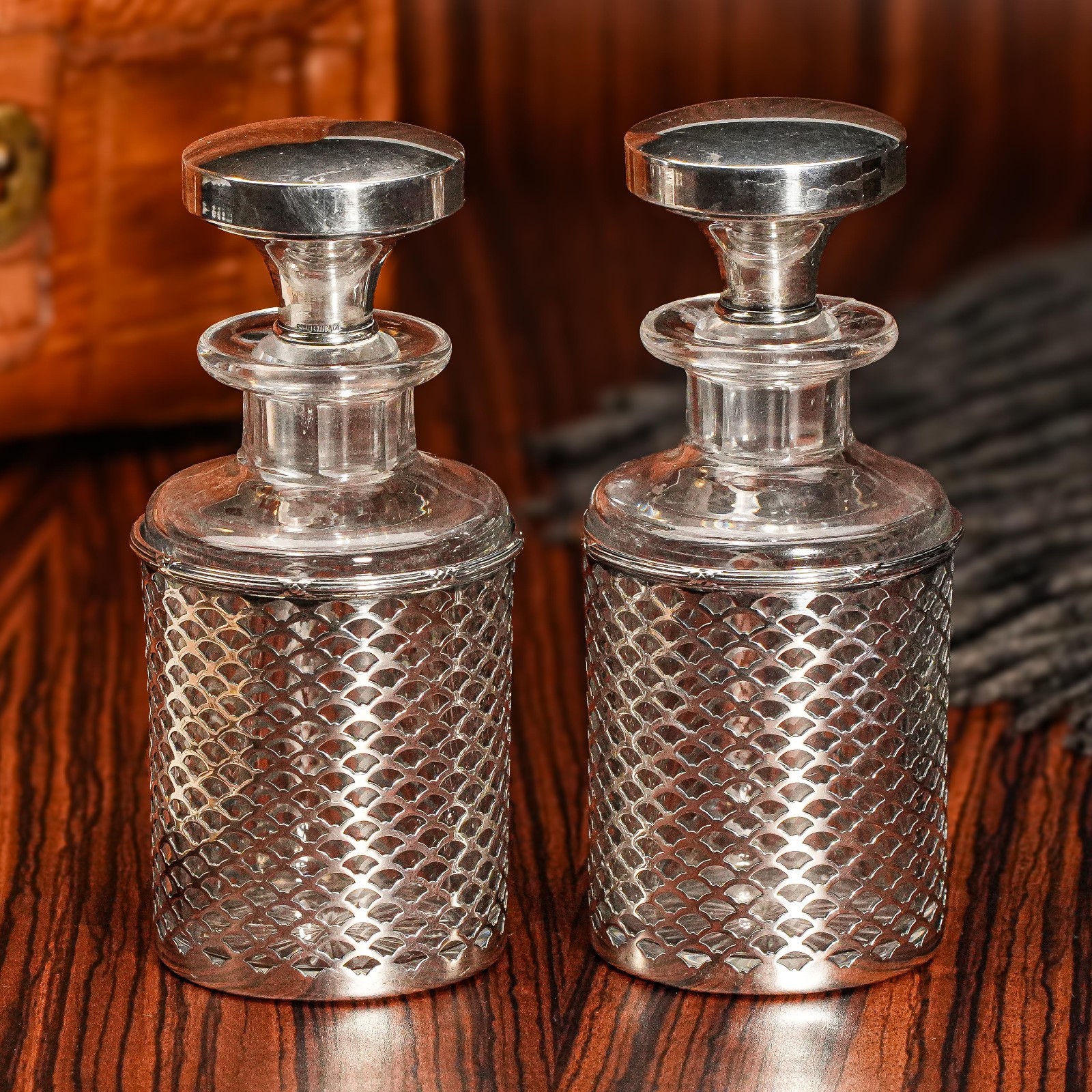 Elegant Pair Antique Crystal Perfume Scent Cologne Bottles Sterling Silver Elegant Pair Antique Crystal Perfume Scent Cologne Bottles Sterling Silver
