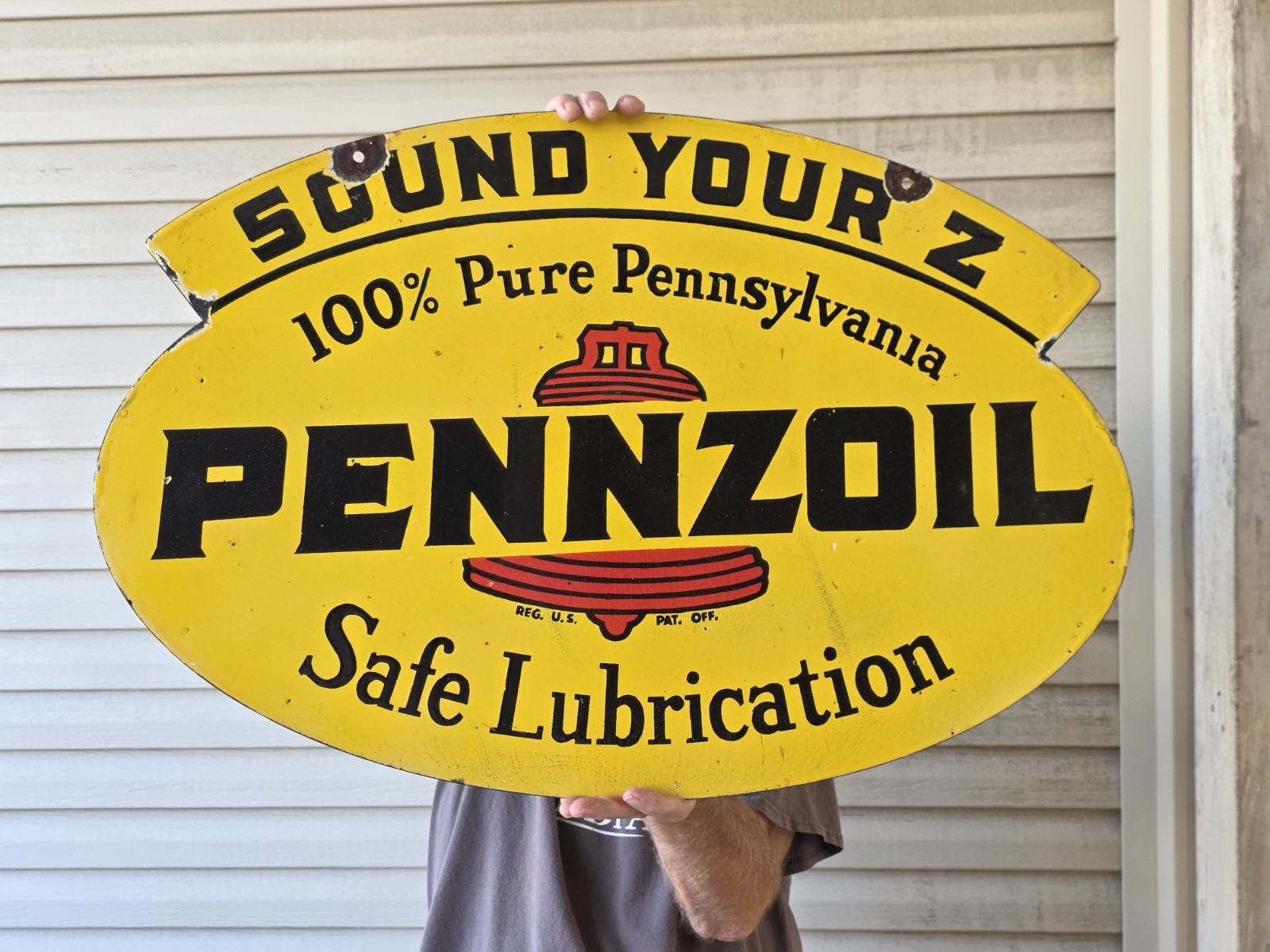 NEW PURCHASE GIANT VINTAGE 1950'S PENNZOIL PORCELAIN DOUBLE-SIDED SIGN 30 X 20 NEW PURCHASE GIANT VINTAGE 1950'S PENNZOIL PORCELAIN DOUBLE-SIDED SIGN 30 X 20