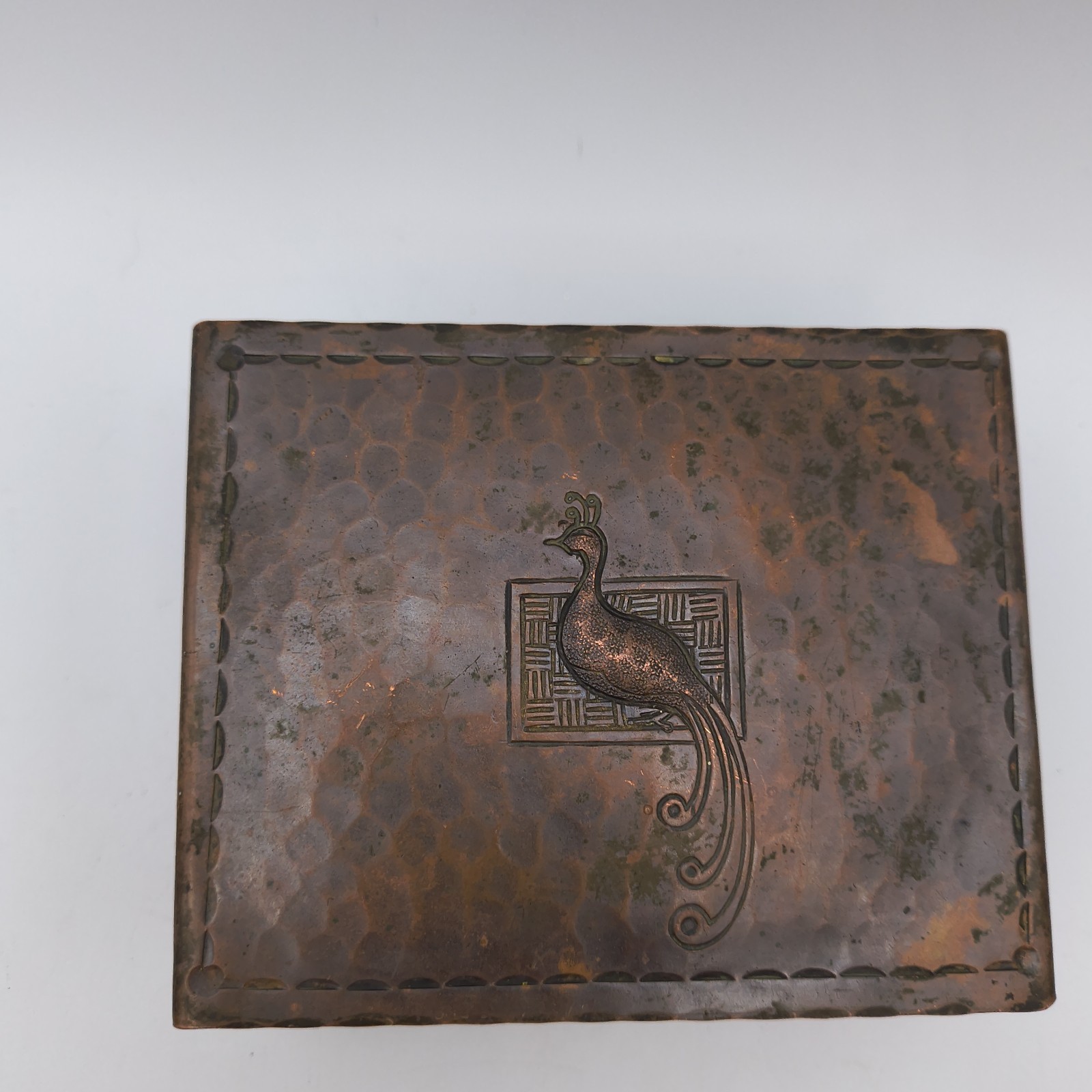 Antique Hammered Copper Jewelry Trinket Storage Box Peacock Bird Relief 5x4 READ