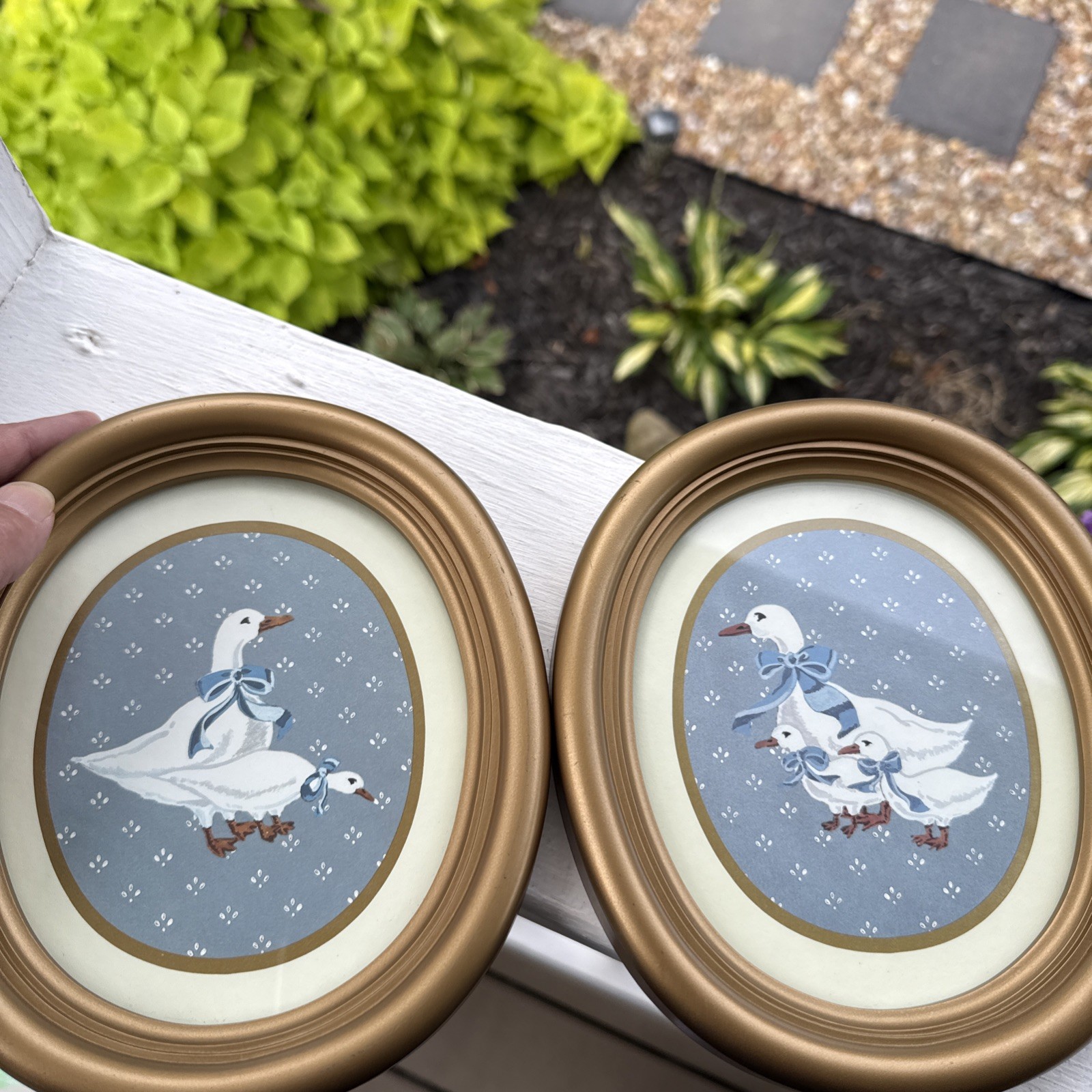 Vtg 1985 Homco Country Duck Set 2 Gold Oval Frames Blue White Goose Cottage Core