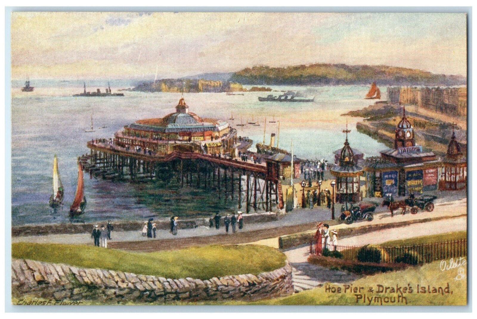 c1910 Hoe Pier & Drake's Island Plymouth England Oilette Tuck Art Postcard