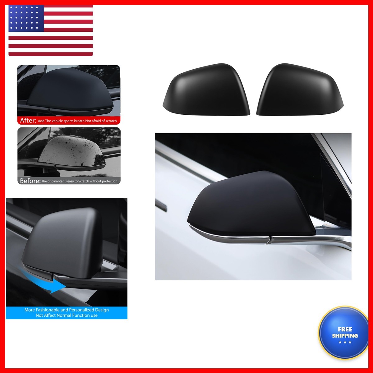 YJMOTOR Side Mirror Covers for Tesla Model 3 2017-2024 2Pcs Matte Black Left YJMOTOR Side Mirror Covers for Tesla Model 3 2017-2024 2Pcs Matte Black Left