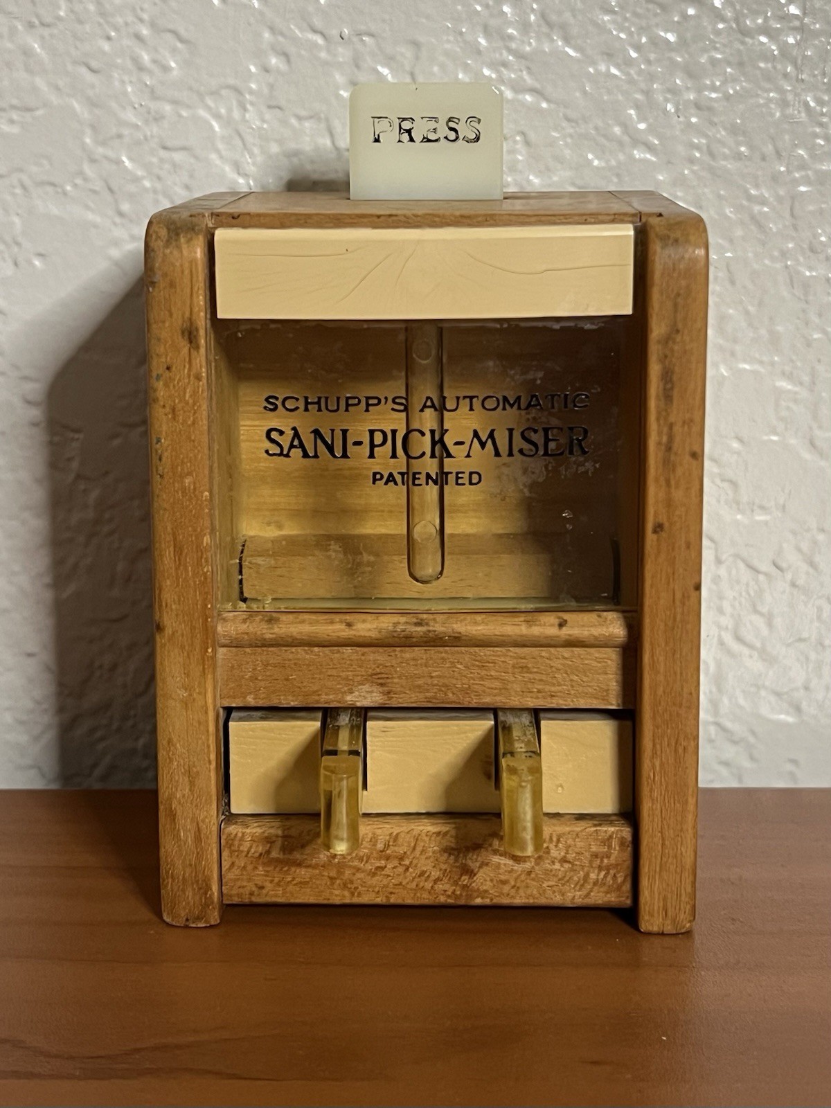 Vintage Schupp's Automatic Sani Pick Miser Wooden Dispenser Vintage Schupp's Automatic Sani Pick Miser Wooden Dispenser